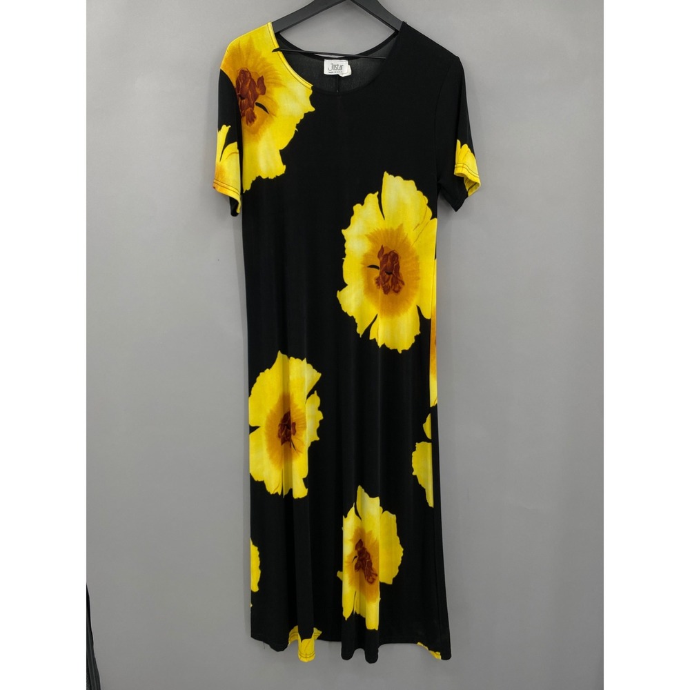 Vintage 90s Jostar Floral Slinky Knit Maxi Dress Womens L Black Yellow Sunflower